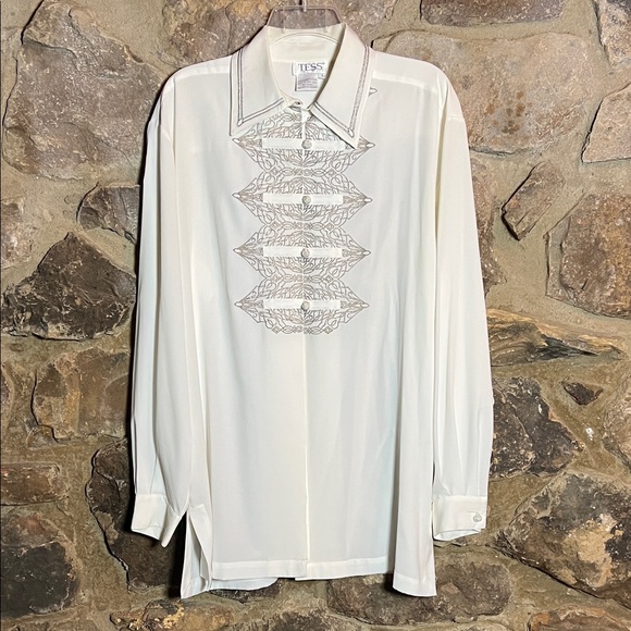 Tess Size Large White Long Sleeve Women’s Button Up Blouse Silver Embroidery - Picture 1 of 5